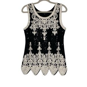 Juliette black‎ and white embroidered sequined dressy tank top. Size M